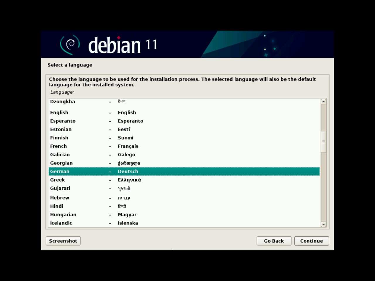 Mein erster Linux-Laptop - Wählen Sie die Sprache für die Debian-Installation aus