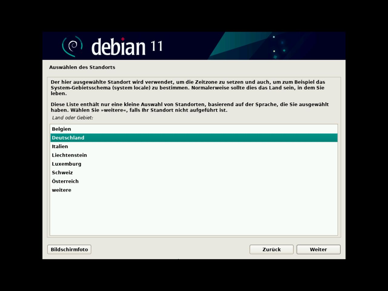 Mein erster Linux-Laptop - Wählen Sie den geografischen Standort für die Debian-Installation aus