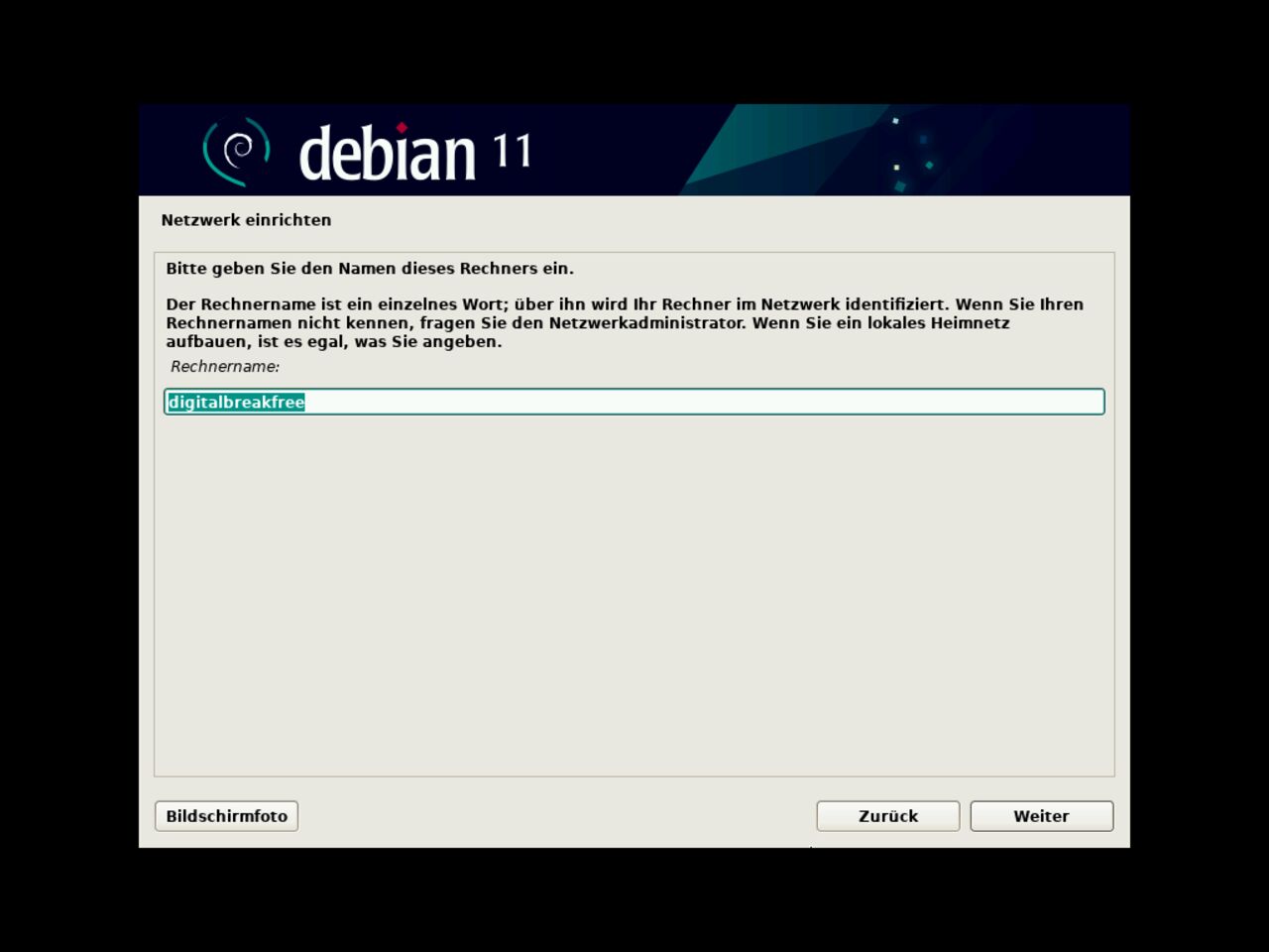 Mein erster Linux-Laptop - Wählen Sie während der Debian-Installation den Hostnamen für die Netzwerkkonfiguration aus