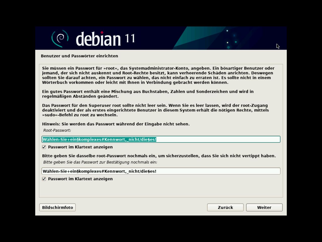 Mein erster Linux-Laptop - Richten Sie das root Passwort für die Debian-Installation ein