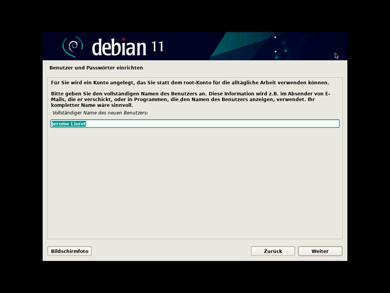 Mein erster Linux-Laptop - Geben Sie den ersten Standardbenutzer-Vollname für die Debian-Installation ein und richten Sie das Passwort ein
