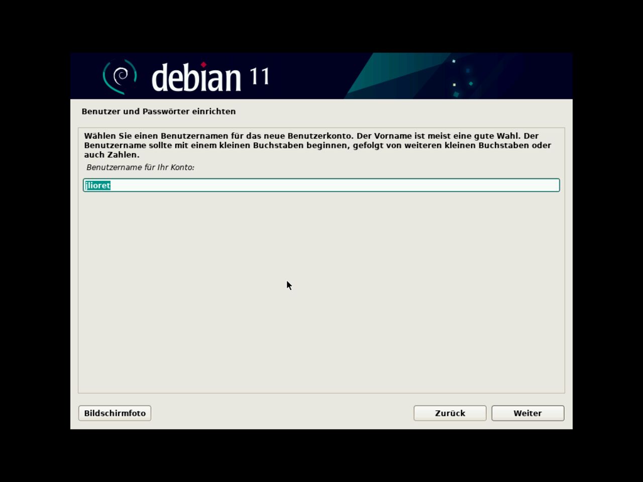Mein erster Linux-Laptop - Definieren Sie den ersten Standard-Benutzeranmeldung für die Debian-Installation