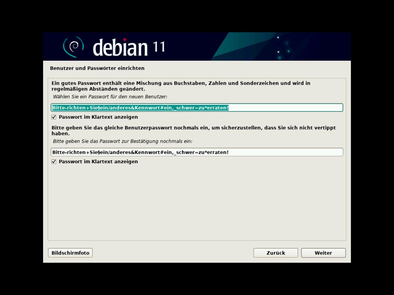 Mein erster Linux-Laptop - Setup das erste Standard-Benutzerkennwort für die Debian-Installation einrichten