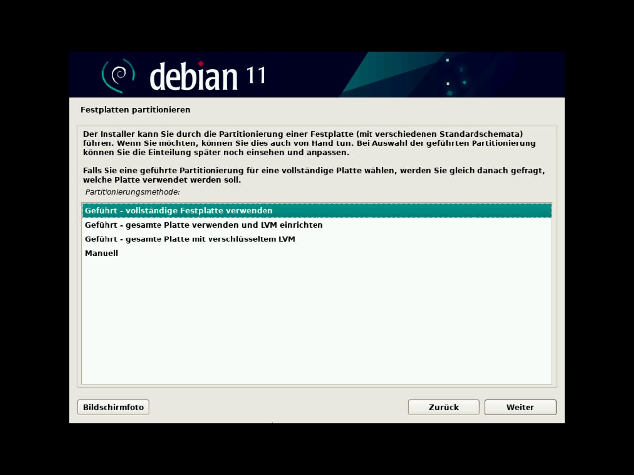 Mein erster Linux-Laptop - Wählen Sie die Disc-Partitionierungsmethode für die Debian-Installation aus