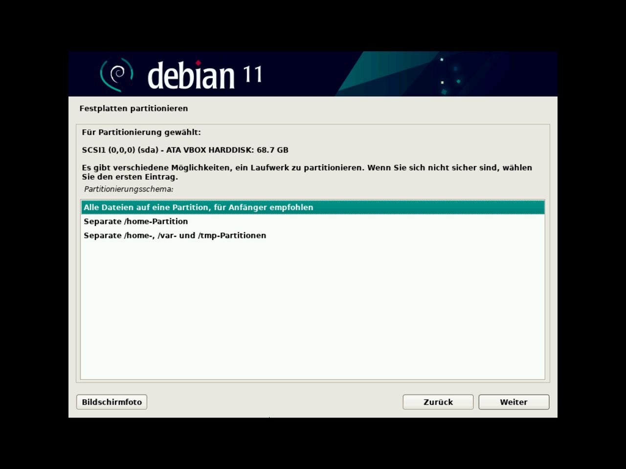 Mein erster Linux-Laptop - Wählen Sie den Disc-Partitionierungsmodus für die Debian-Installation aus