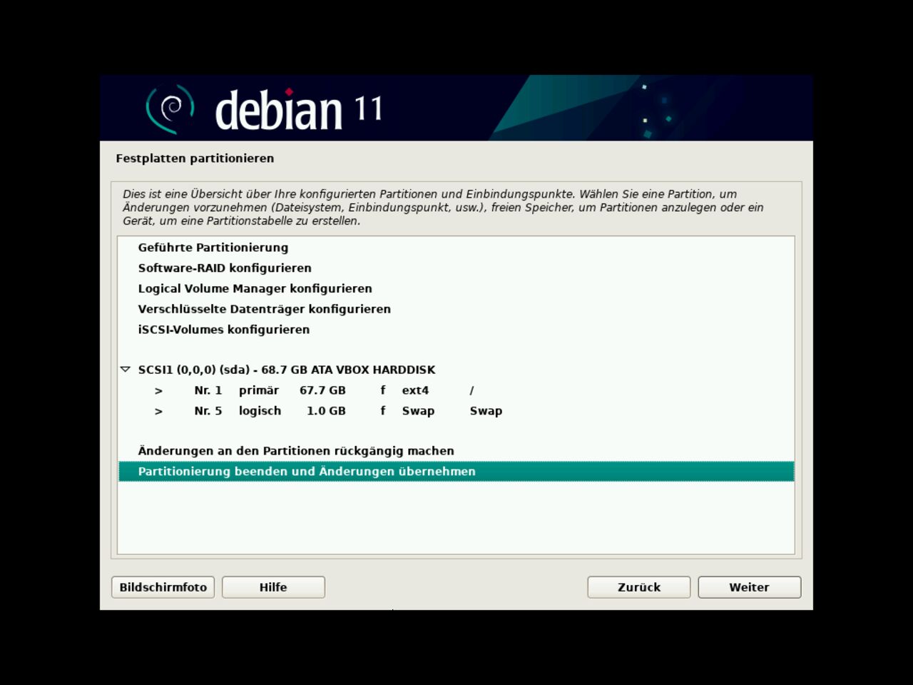Mein erster Linux-Laptop - Beenden Sie die Disc-Partitionierung für die Debian-Installation