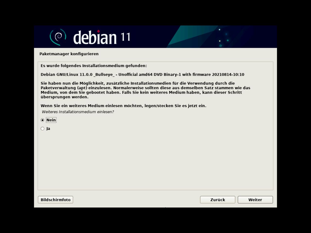 Mein erster Linux-Laptop - Scannen Sie zusätzliche CD zum Konfigurieren des Debian-Paket-Managers während der Installation