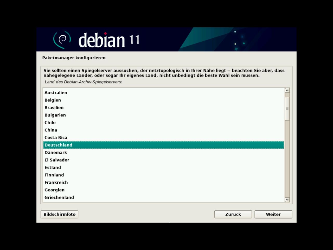 Mein erster Linux-Laptop - Wählen Sie das Debian Package Manager Network Mirror Country