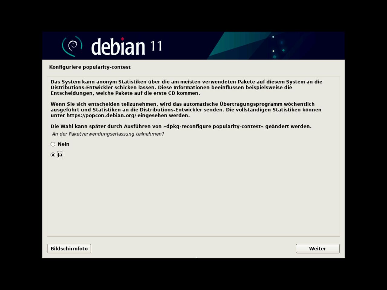 Mein erster Linux-Laptop - Wählen Sie während der Installation über die Teilnahme an der  Popcon Rundfrage über Verwendungszwecke des Debian-Pakets