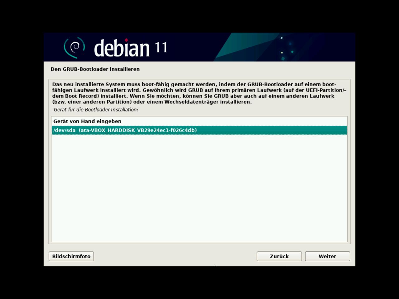 Mein erster Linux-Laptop - Wählen Sie den Debian-Grub GRand Unified Bootloader Standort für die Installation aus