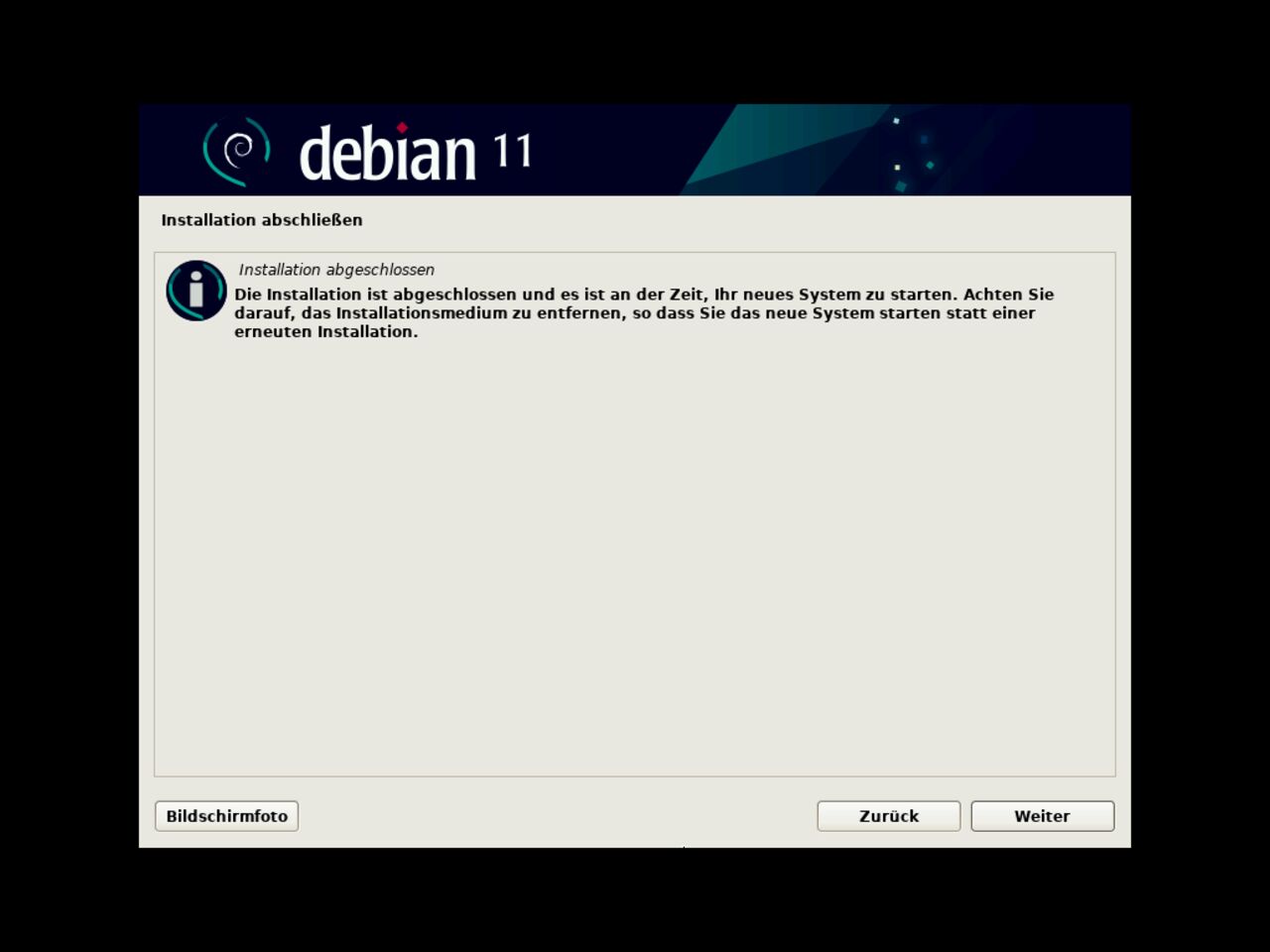 Mein erster Linux-Laptop - Initiieren Sie das System erneut, um mit der Debian-Installation fortzufahren (shutdown / restart)