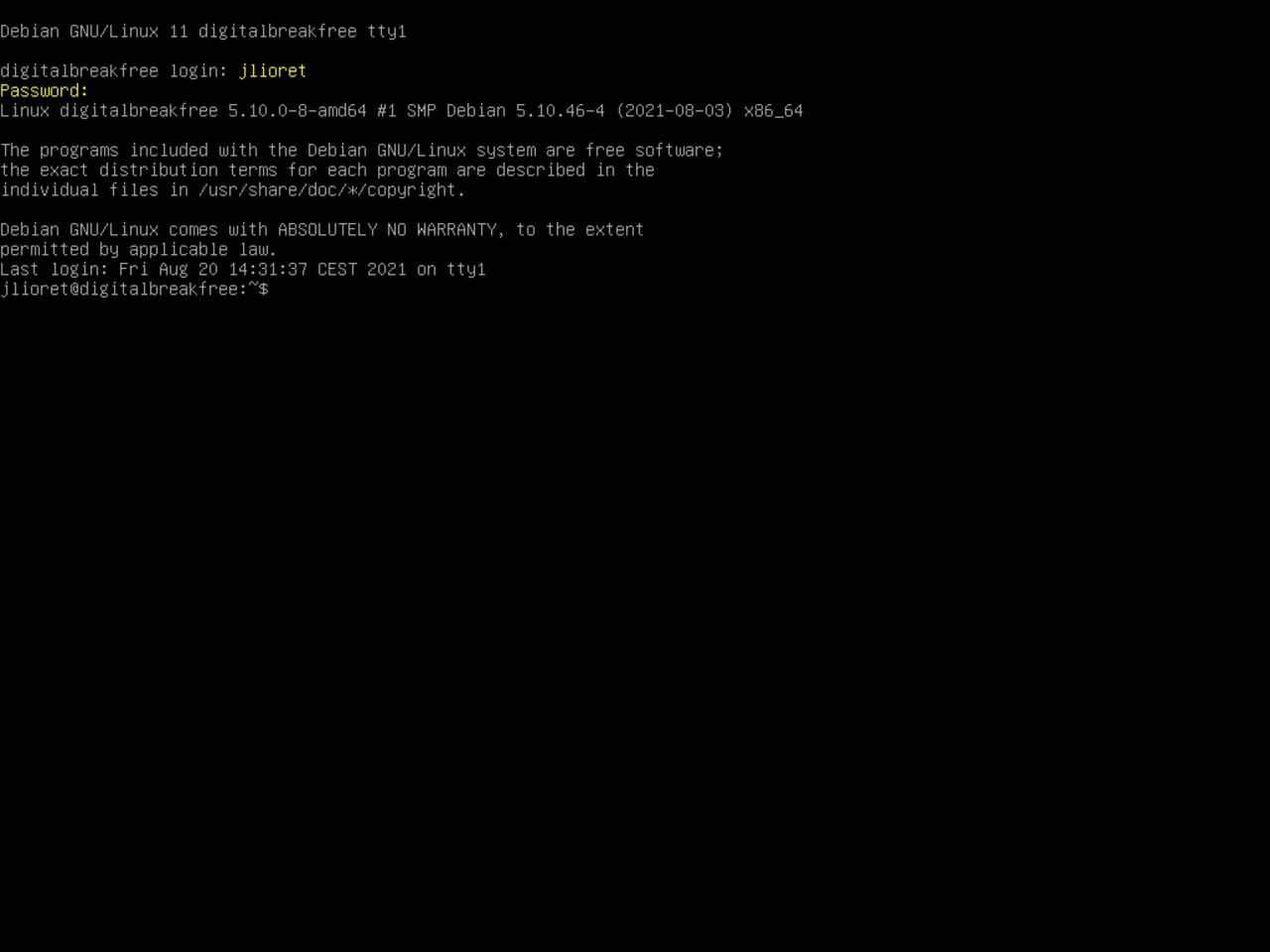 Mein erster Linux-Laptop - Angemeldet in der neuen Debian-Installation als Standard-Benutzername Jerome Lioret jlioret