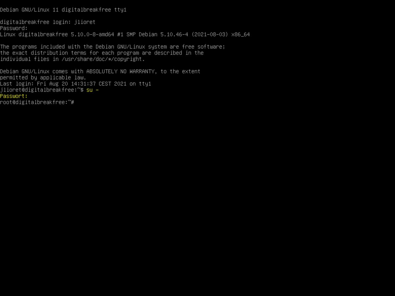 Mein erster Linux-Laptop - Angemeldet als root Superbenutzer in die neue Debian-Installation