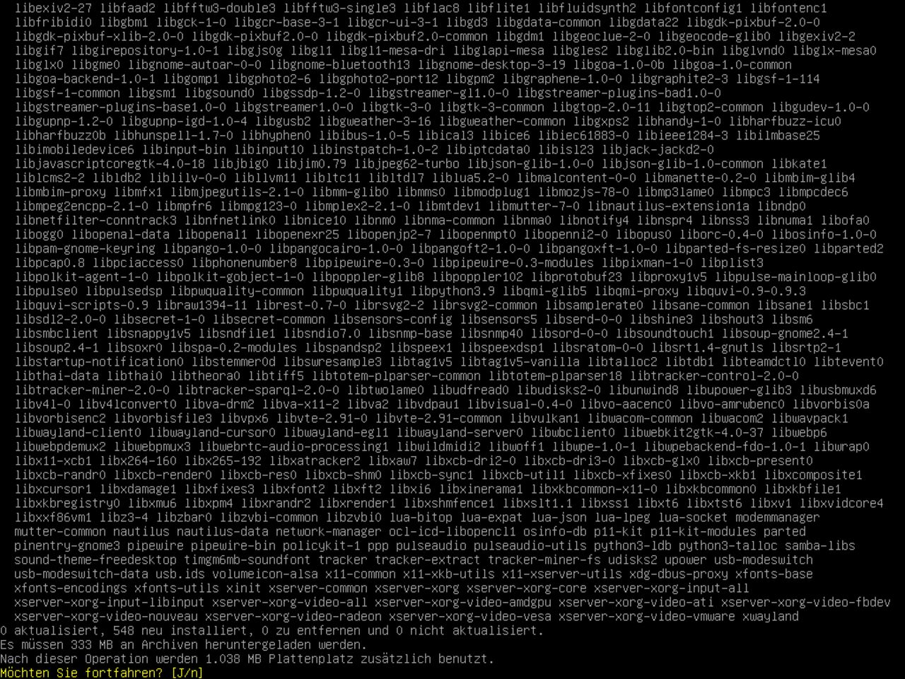 Mein erster Linux-Laptop - Bestätigen Sie die Liste der ausgewählten Pakete, um einen minimalen Gnome auf dem Debian zu installieren