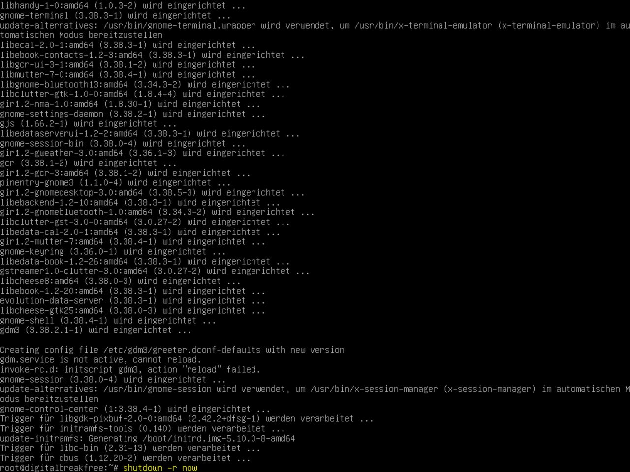 Mein erster Linux-Laptop - Initiieren Sie das System nach der Installation eines minimalen Gnome's oben auf dem Debian erneut (shutdown / restart)