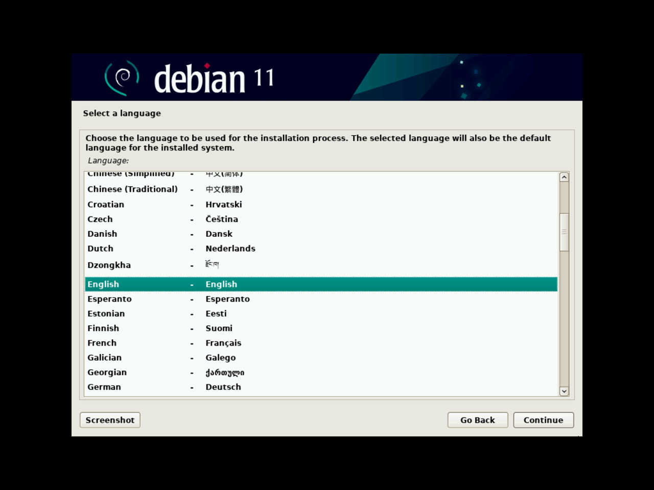 My first Linux laptop - Select the language for the Debian installation
