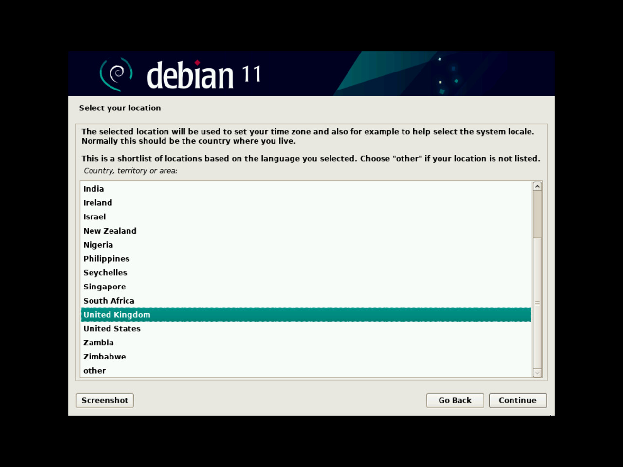 My first Linux laptop - Select the geographical location for the Debian installation