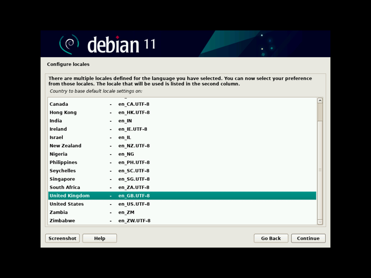 My first Linux laptop - Select the locale parameters settings for the Debian installation