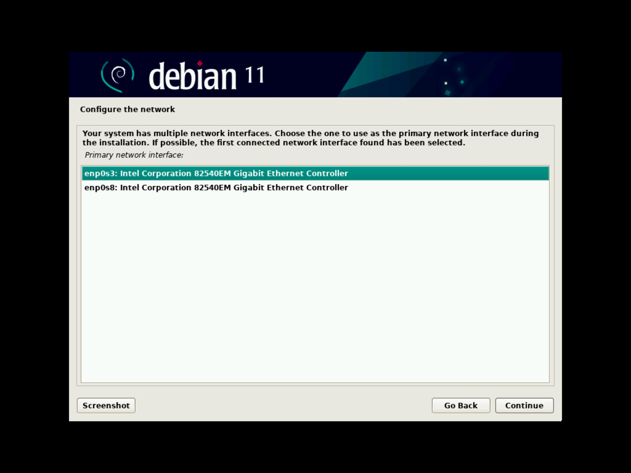 My first Linux laptop - Select the primary interface for configuring the network during the Debian installation