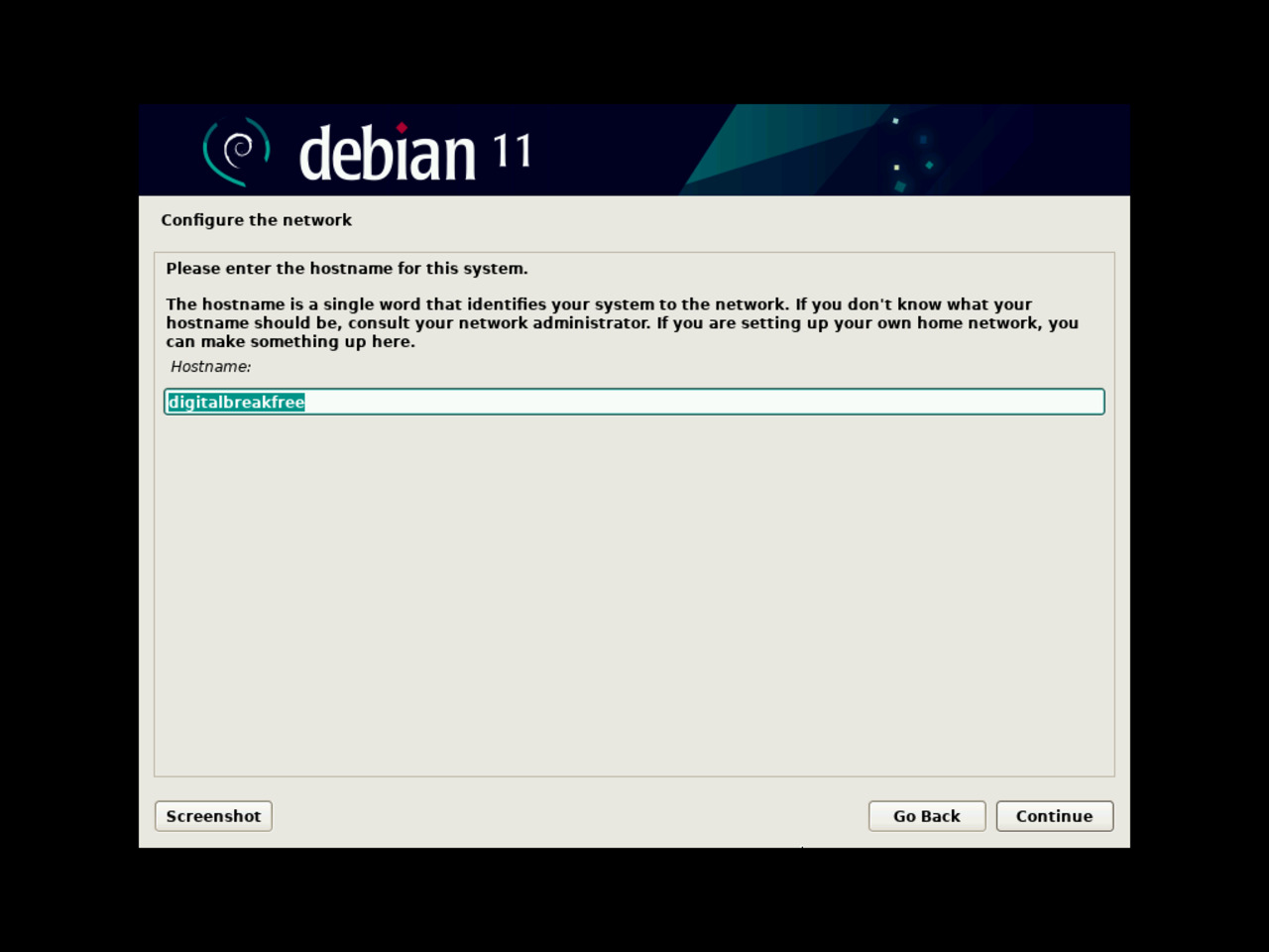 My first Linux laptop - Choose the hostname for the network configuration during the Debian installation