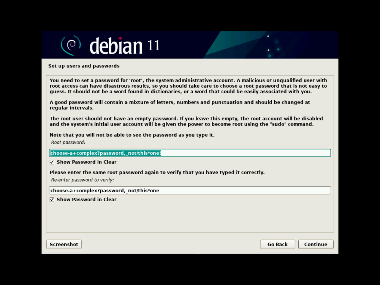 My first Linux laptop - Setup the root password for the Debian installation