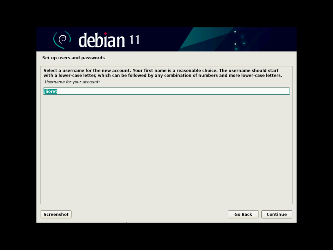 My first Linux laptop - Define the first standard user login for the Debian installation