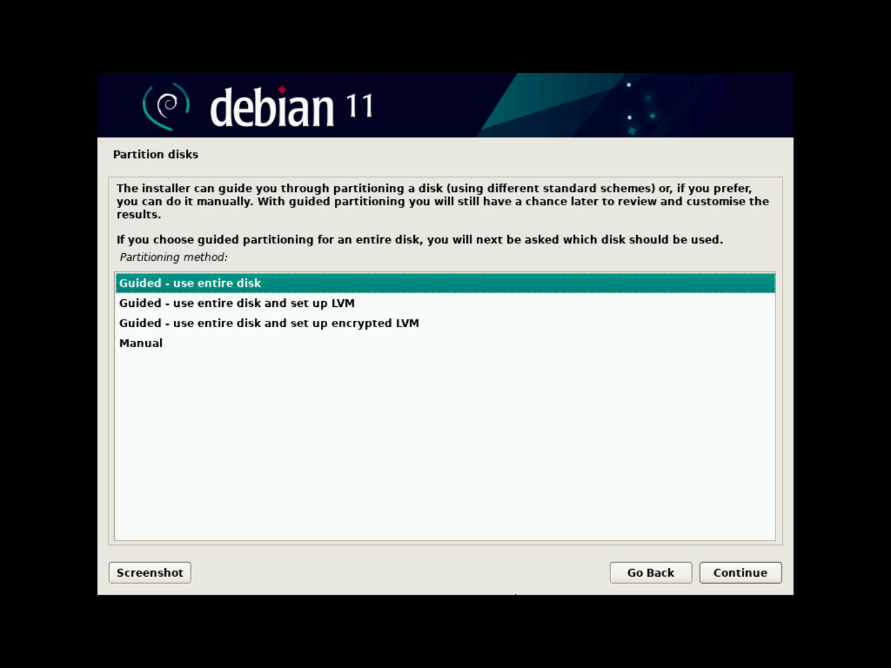 My first Linux laptop - Choose the disc partitioning method for the Debian installation
