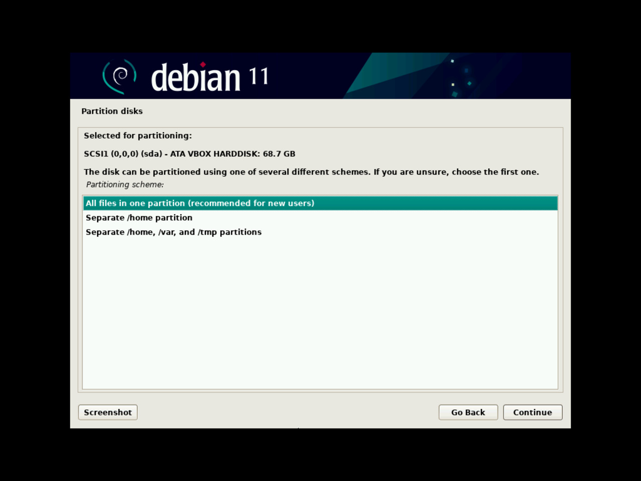 My first Linux laptop - Choose the disc partitioning mode for the Debian installation