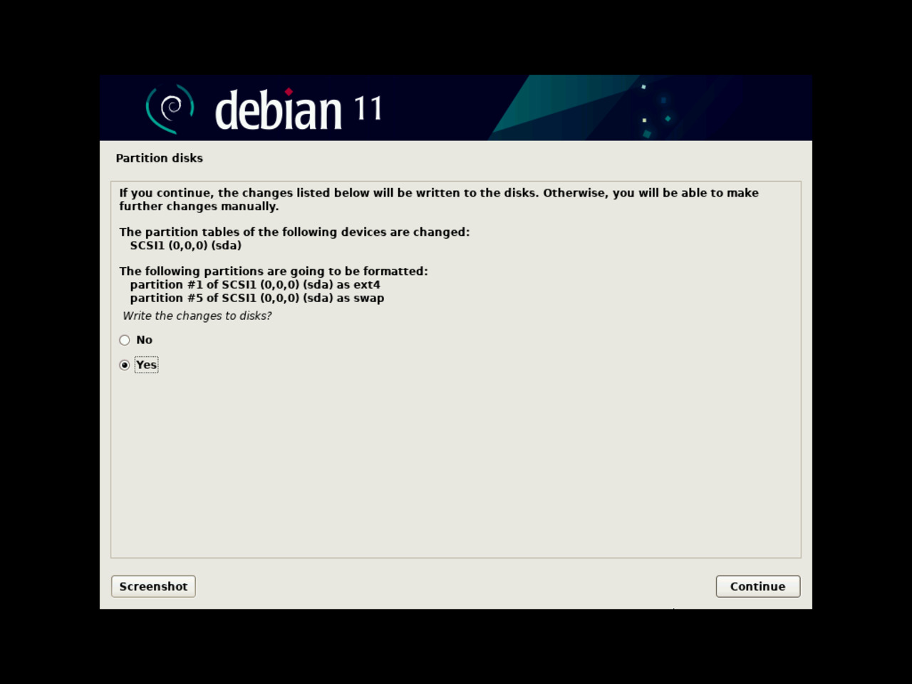 My first Linux laptop - Confirm the writing of disc partitioning changes for the Debian installation