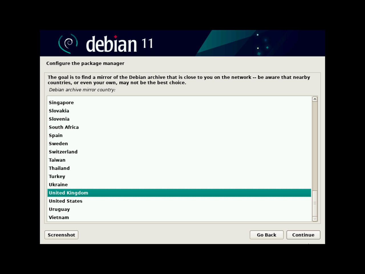 My first Linux laptop - Choose the Debian package manager network mirror country