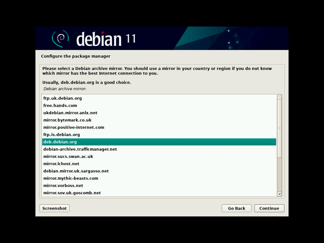 My first Linux laptop - Choose the Debian package manager mirror server