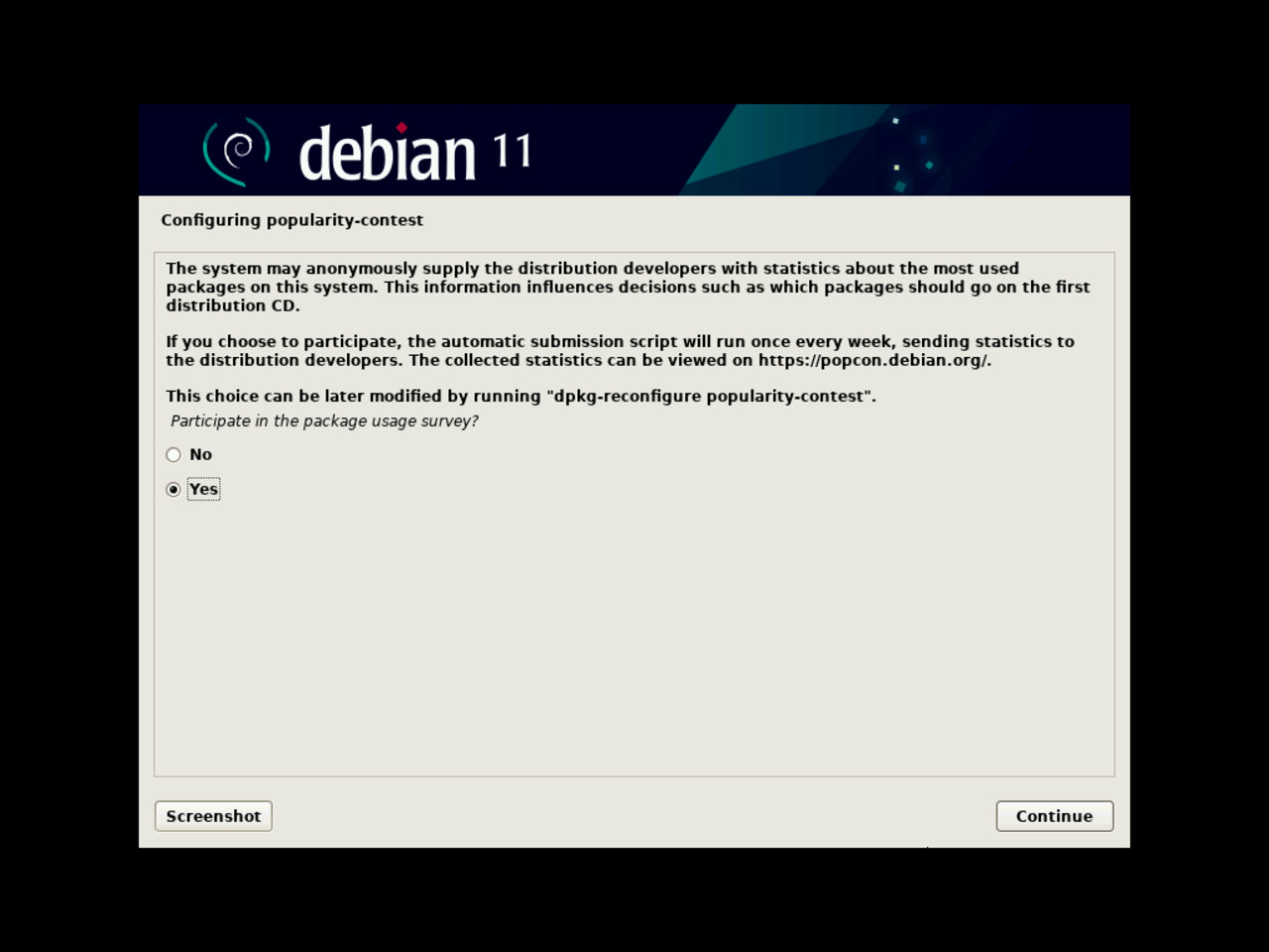 My first Linux laptop - Choose about participating to the popcon Debian package usage survey during installation