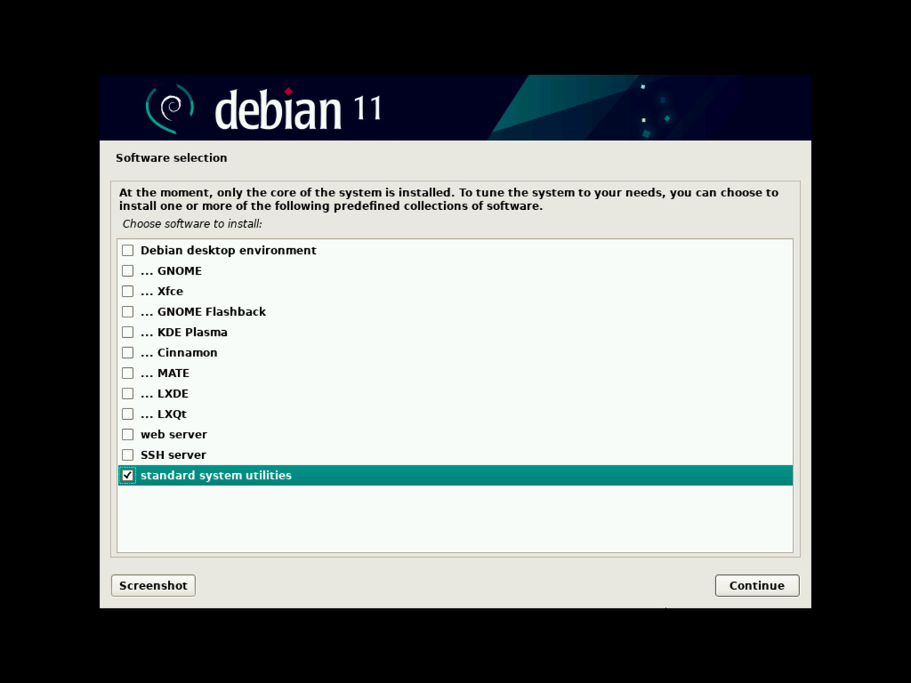 My first Linux laptop - Select the software to install during the Debian installation