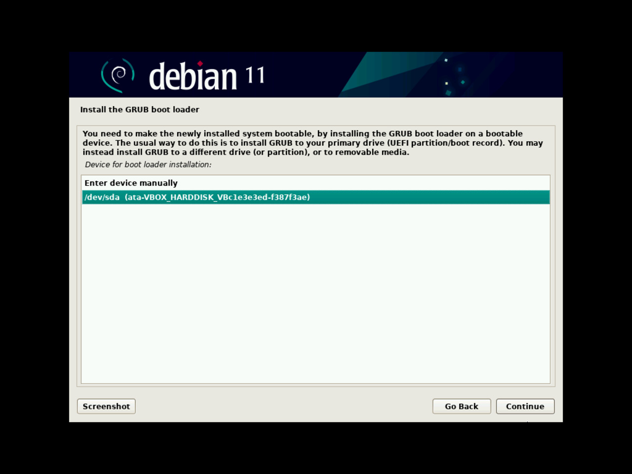 My first Linux laptop - Select the Debian GRUB GRand Unified Bootloader location for installation