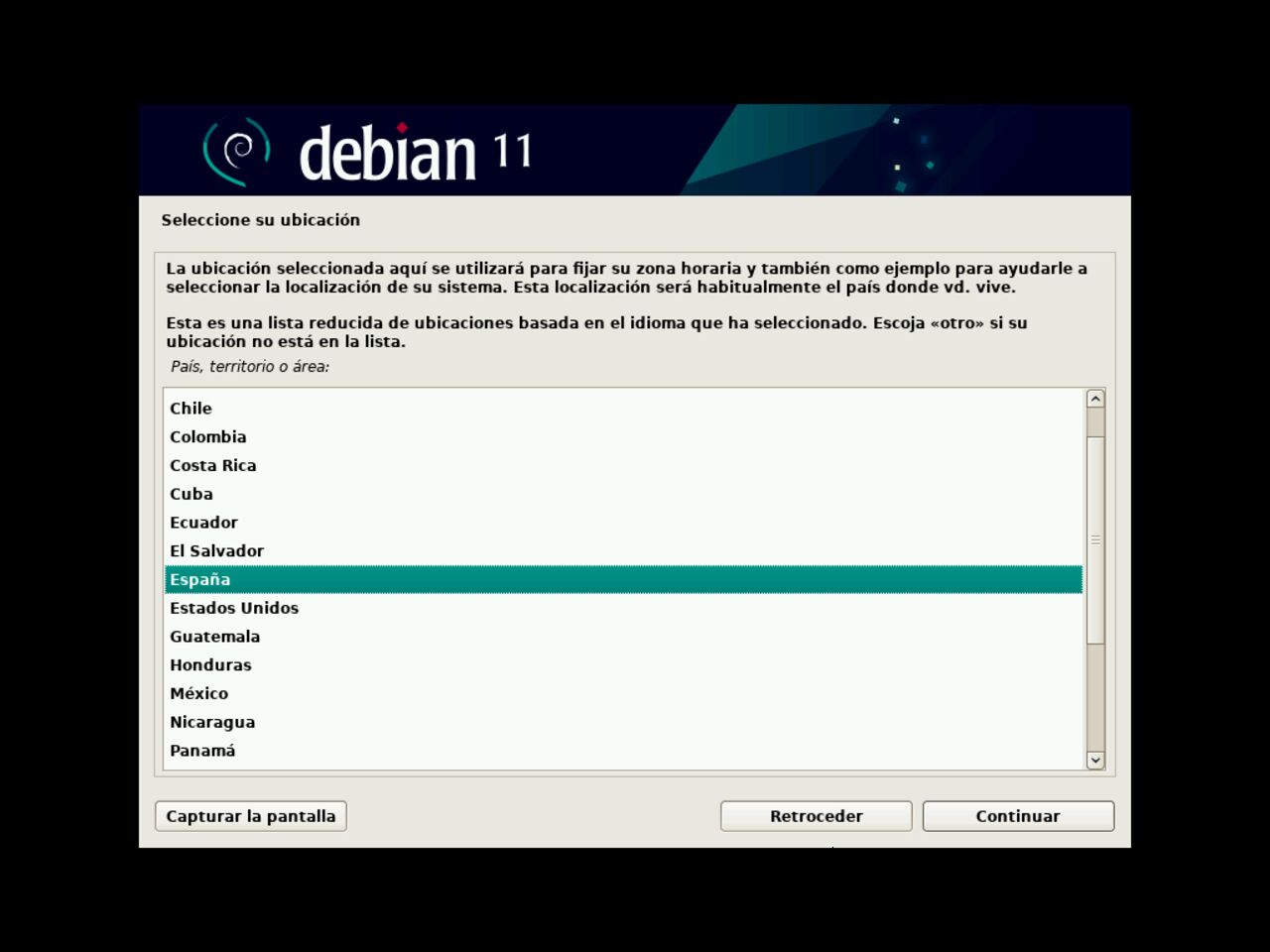 Mi primero laptop con Linux: seleccione la ubicación geográfica para la instalación de Debian