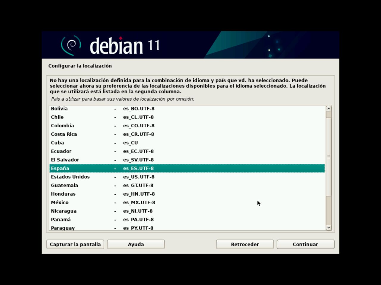 Mi primero laptop con Linux: seleccione la configuración de los parámetros de la configuración regional para la instalación de Debian
