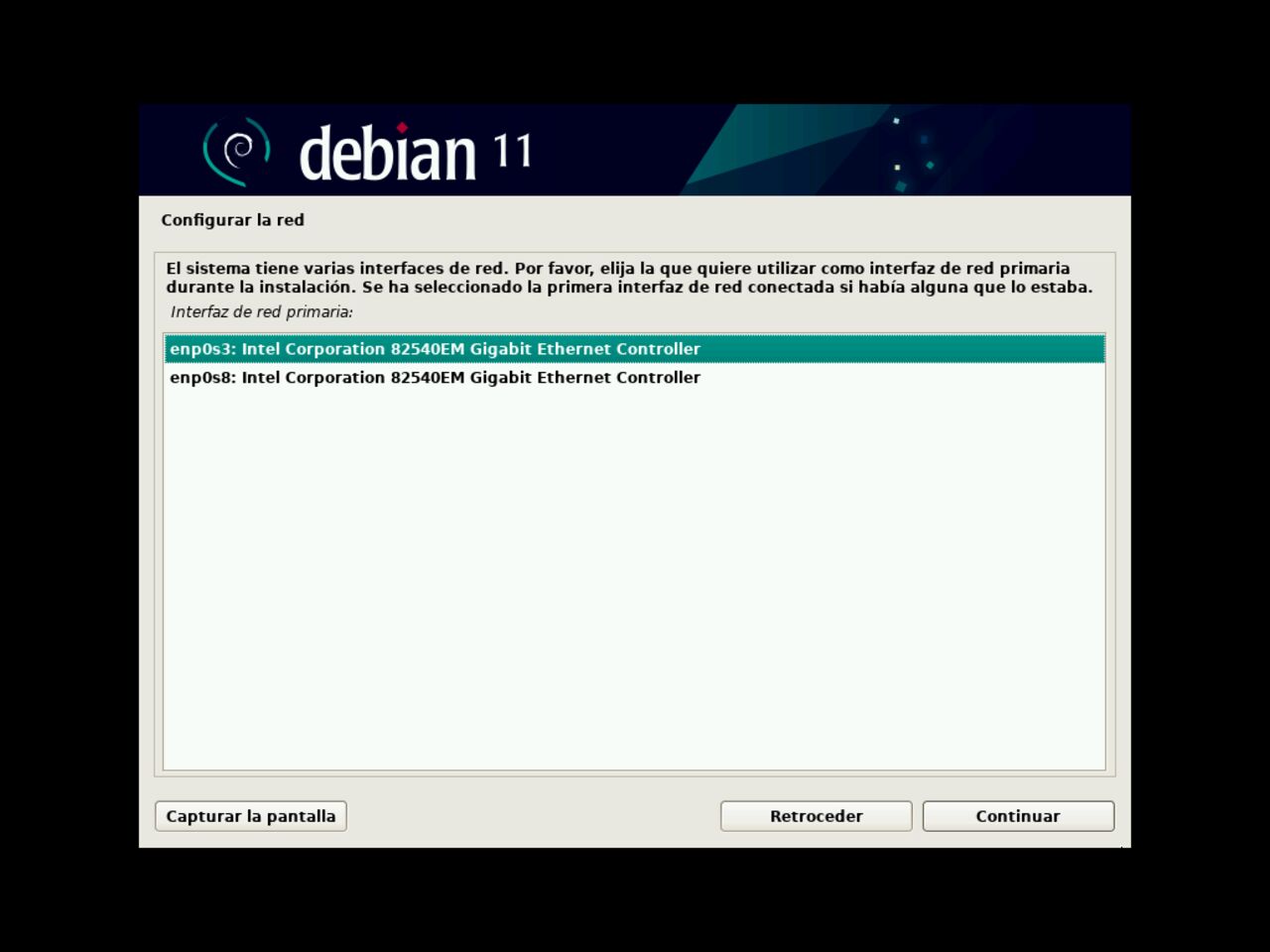 Mi primero laptop con Linux: seleccione la interfaz principal para configurar la red durante la instalación de Debian