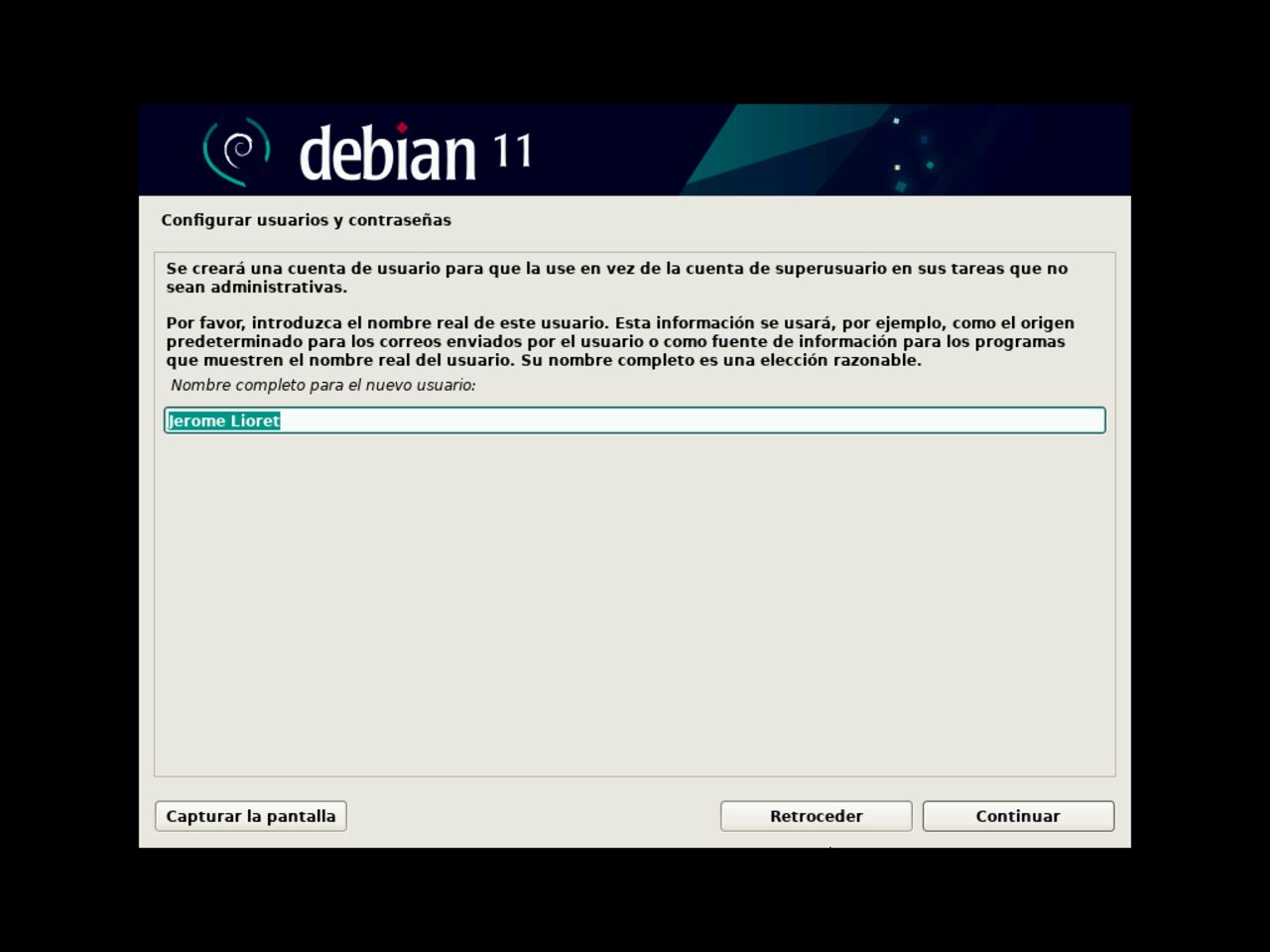 Mi primero laptop con Linux: ingrese el nombre completo del primer usuario para la instalación de Debian y configure la contraseña