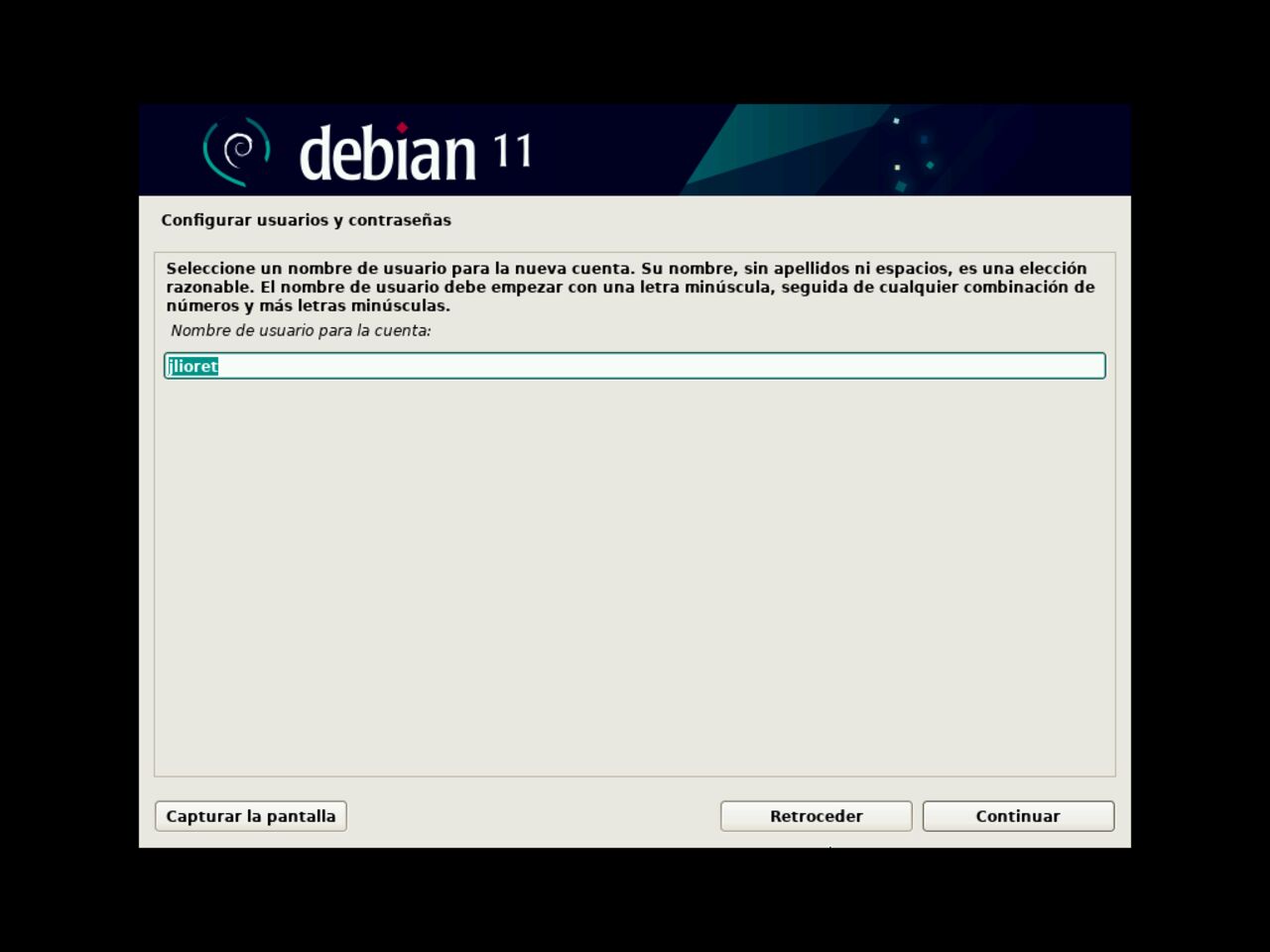 Mi primero laptop con Linux - Defina el nombre de inicio de sesión del primer usuario estándar para la instalación de Debian