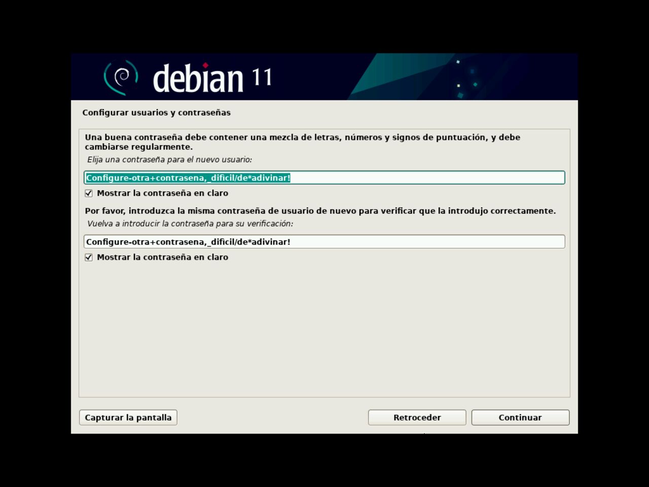 Mi primero laptop con Linux: configure la contraseña del primero usuario estándar para la instalación de Debian