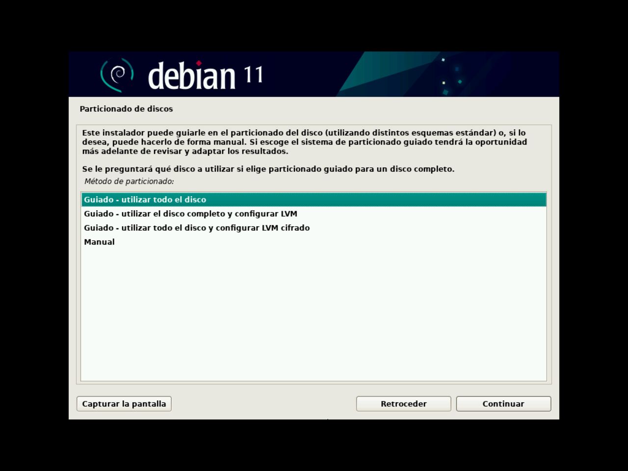 Mi primero laptop con Linux: elija el método de partición de disco para la instalación de Debian