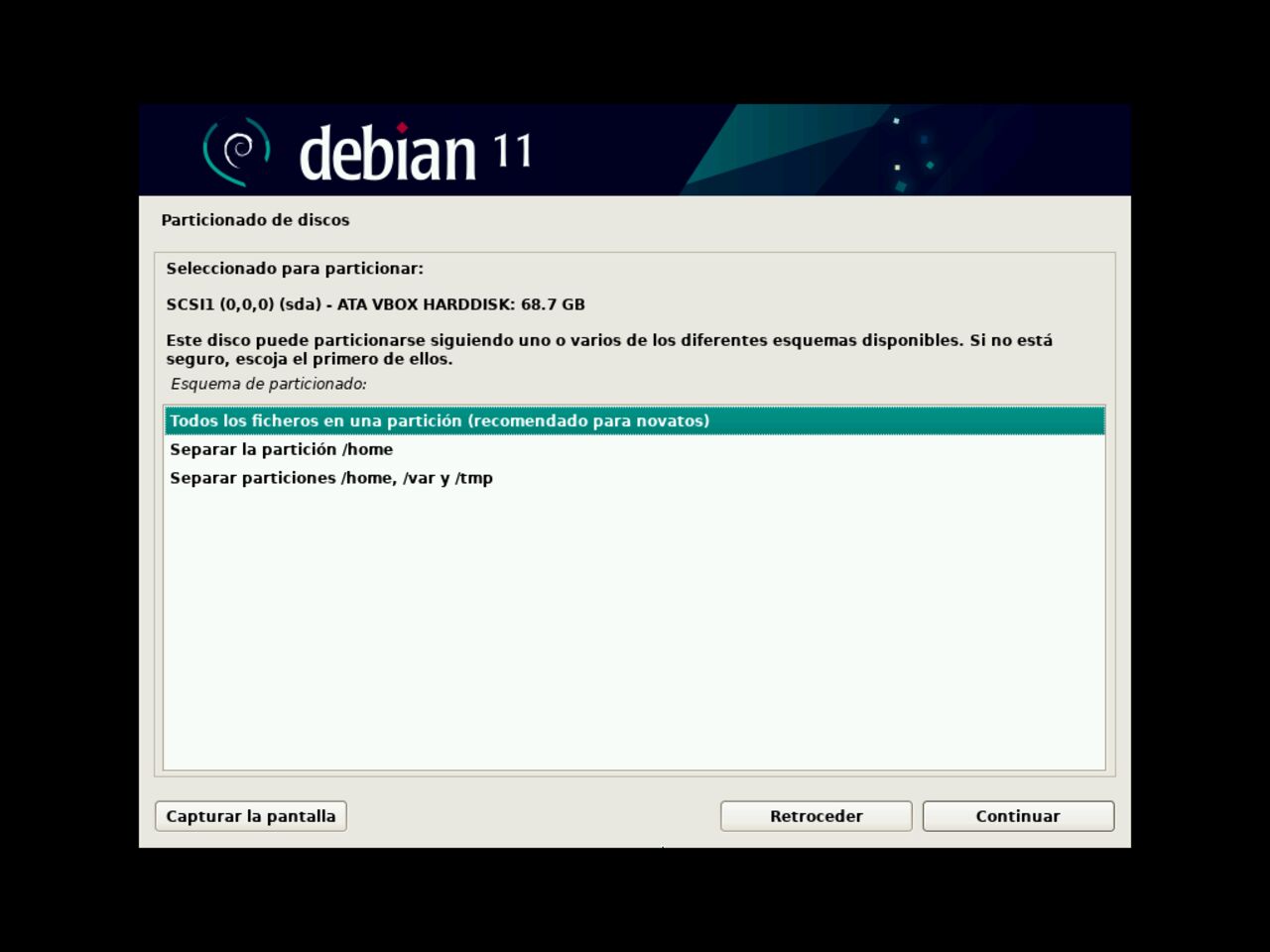 Mi primero laptop con Linux: elija el modo de partición del disco para la instalación de Debian