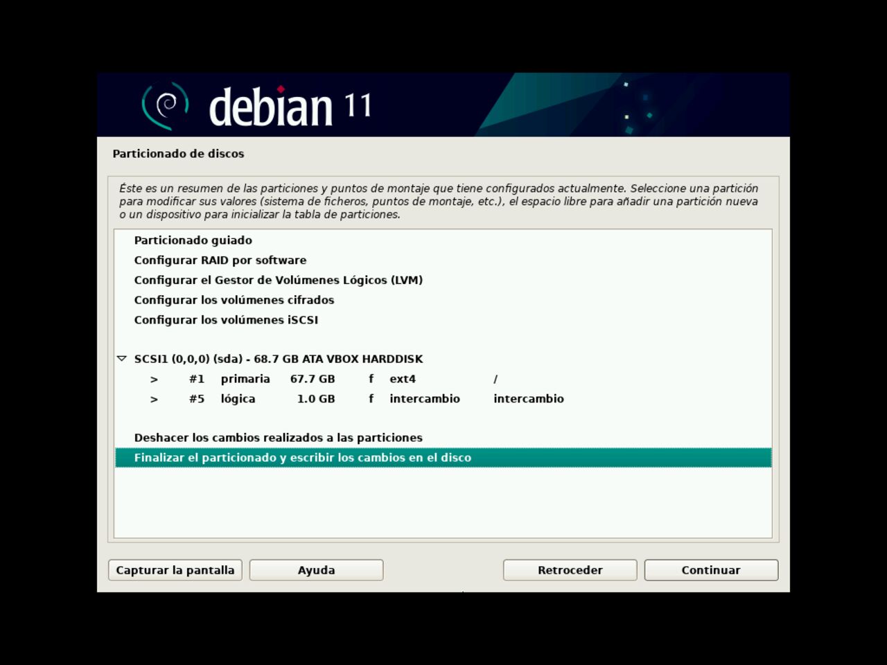 Mi primero laptop con Linux: termina la partición del disco para la instalación de Debian