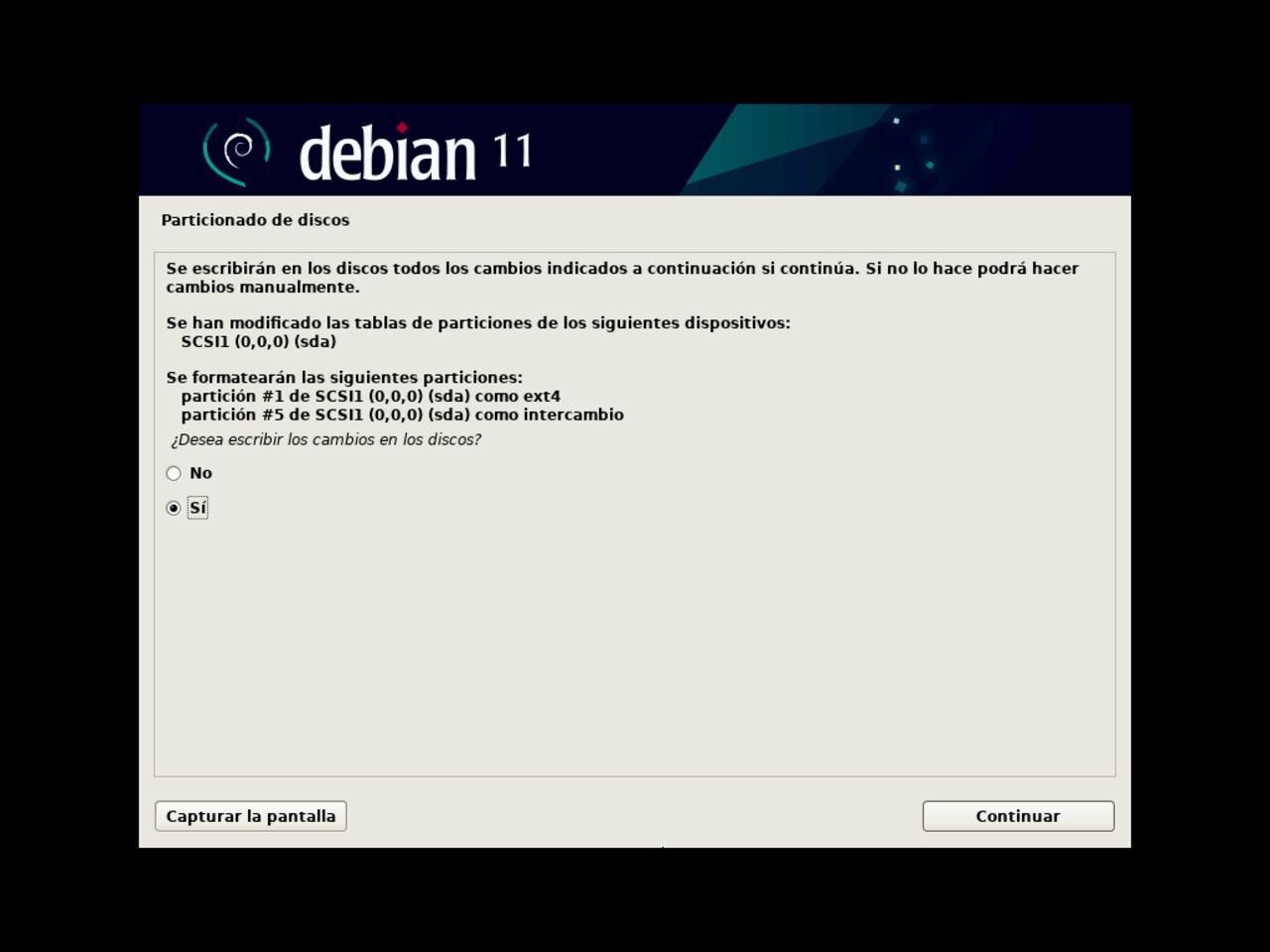 Mi primero laptop con Linux: confirme la escritura de los cambios de partición de discos para la instalación de Debian