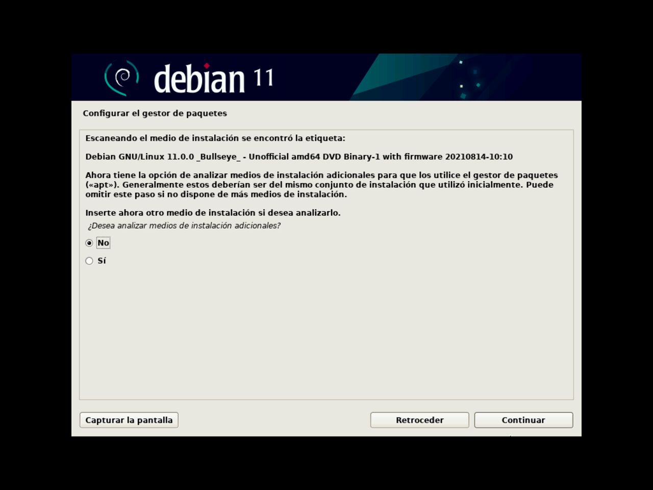 Mi primero laptop con Linux: escanee un CD adicional para configurar el Administrador de paquetes de Debian durante la instalación