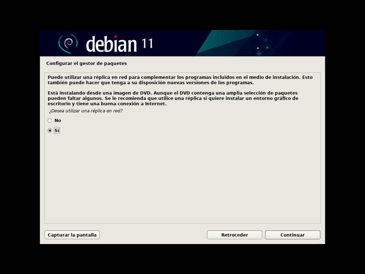 Mi primero laptop con Linux: seleccione el espejo de red para el administrador de paquetes de Debian durante la instalación