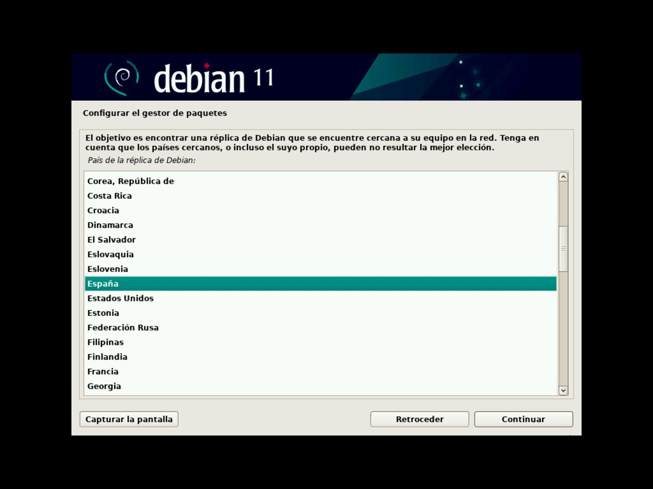 Mi primero laptop con Linux - Elija el pais del servidor espejo para el administrador de paquete de Debian