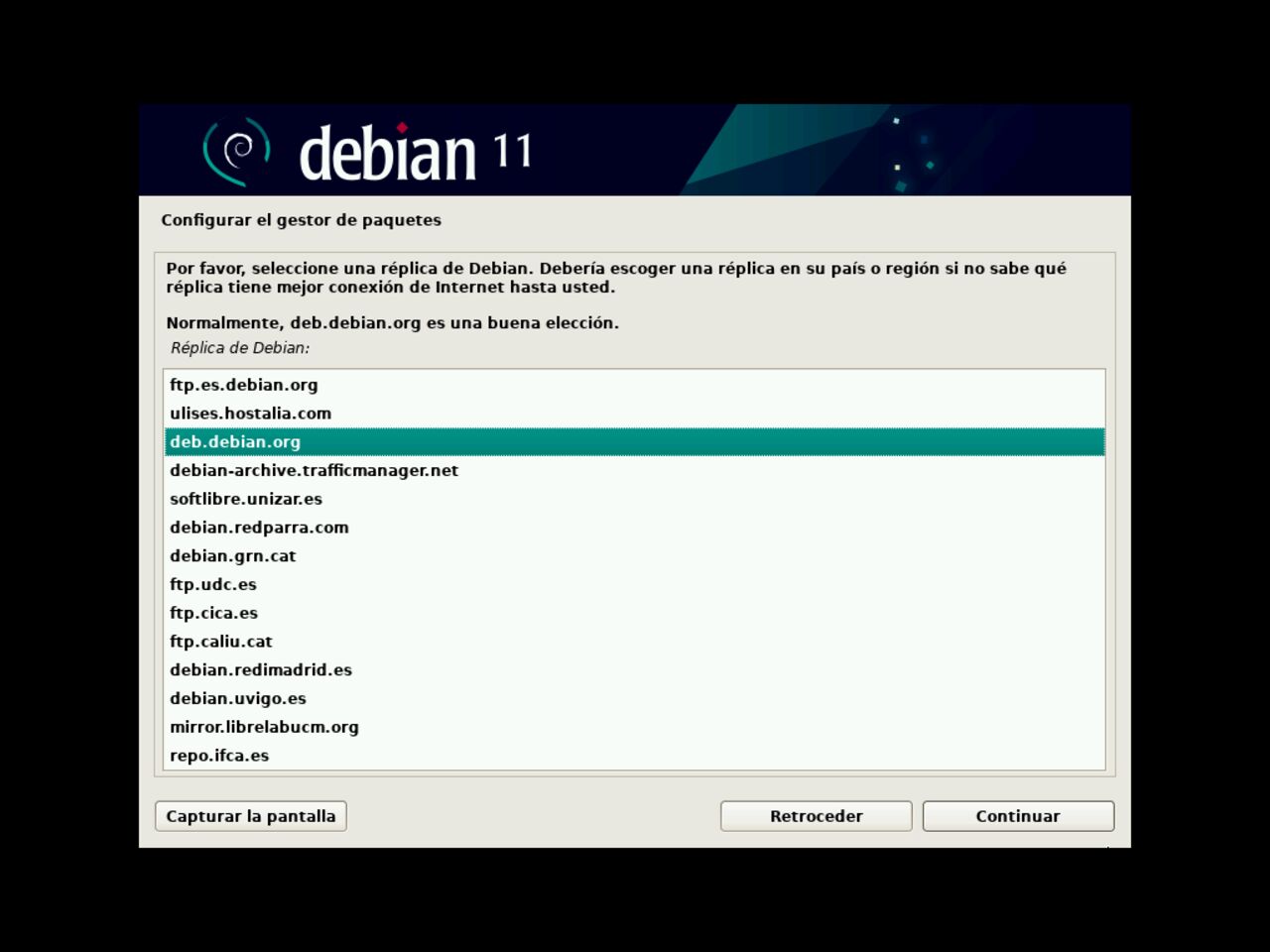 Mi primero laptop con Linux: elija el servidor espejo del gestor de paquetes Debian
