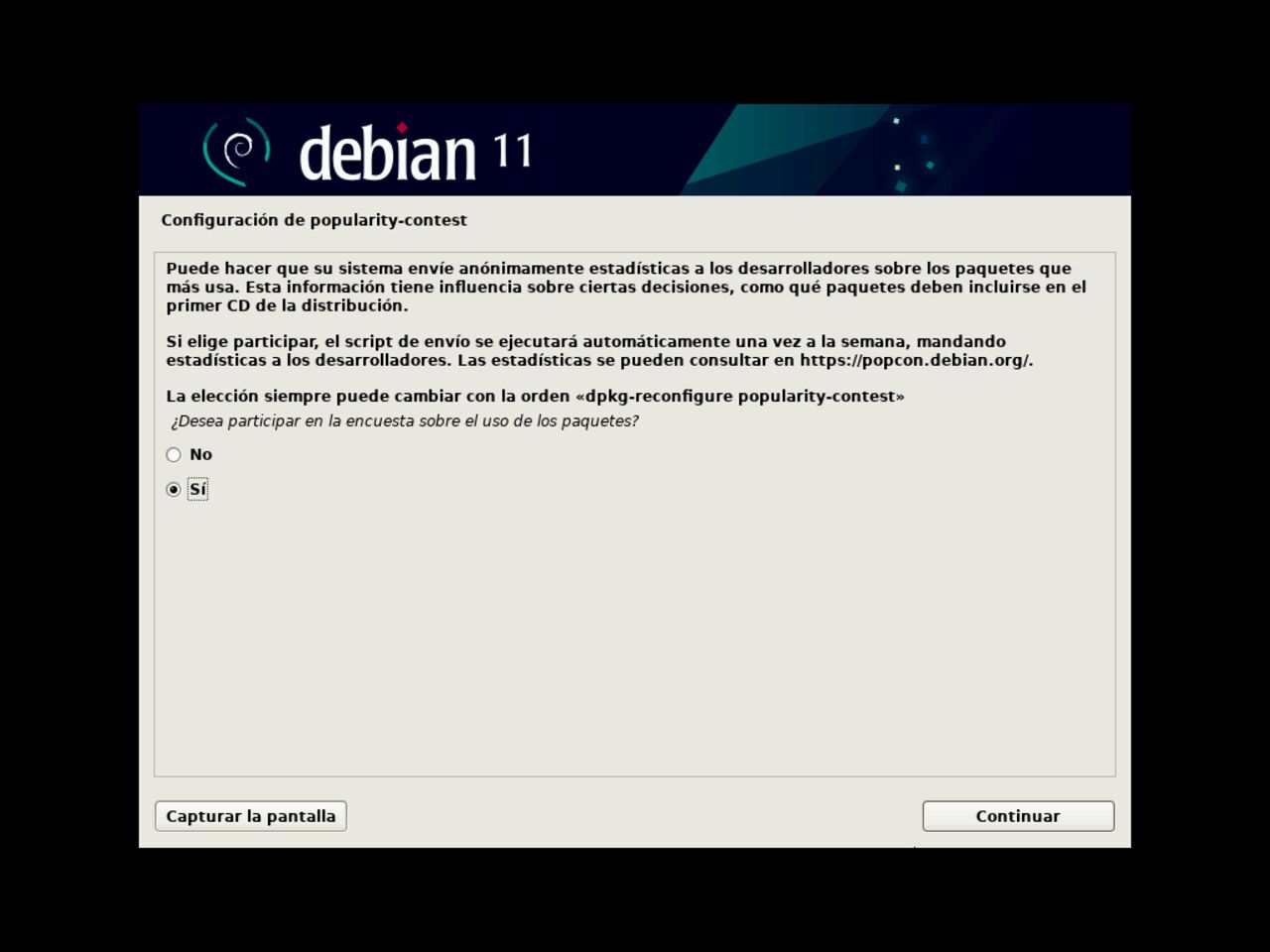Mi primero laptop con Linux: elija sobre participar en la encuesta popcon de uso delos paquetes Debian durante la instalación
