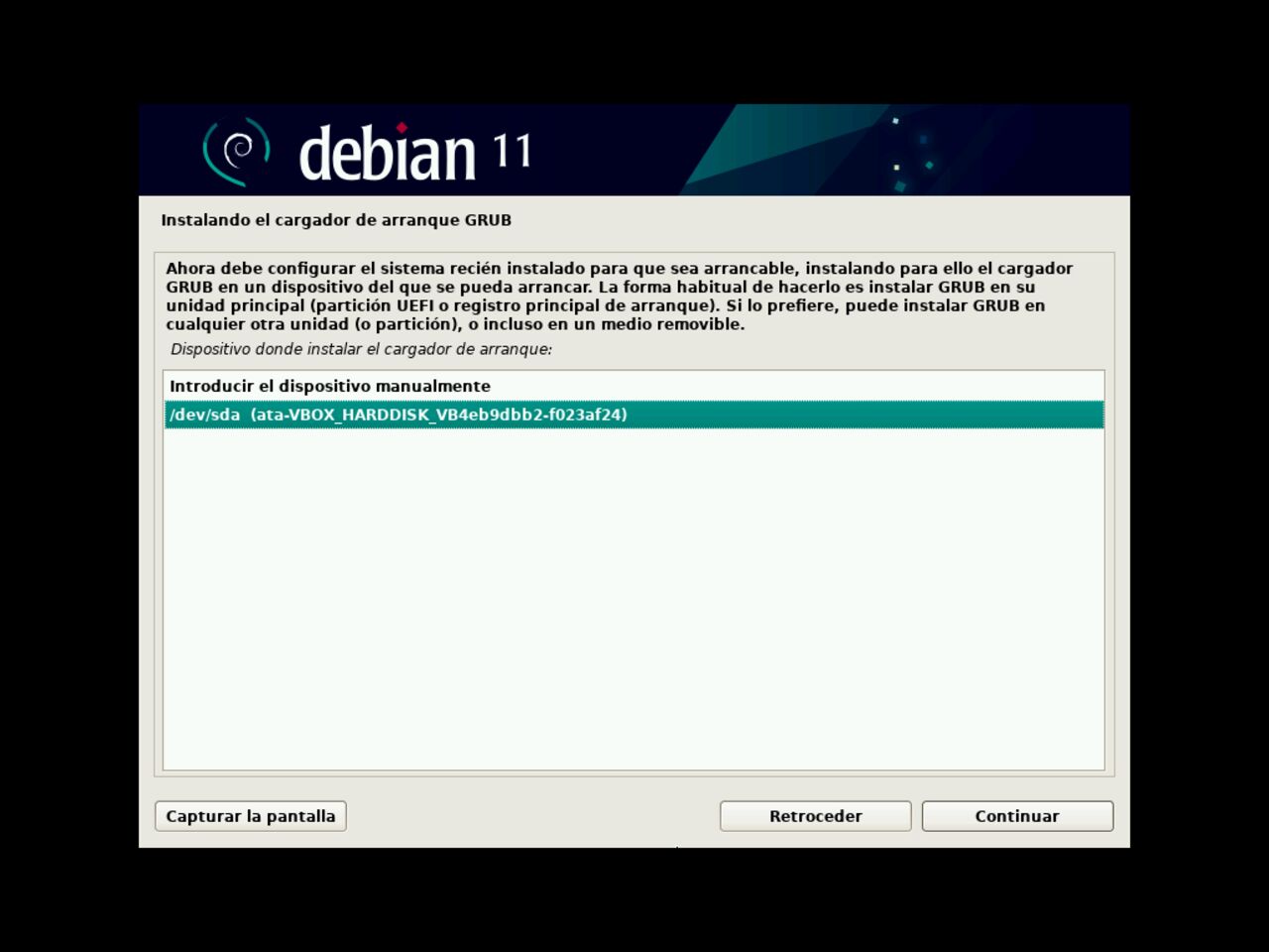 Mi primero laptop con Linux: seleccione la ubicación de Debian GRUB GRand Unified Bootloader para la instalación